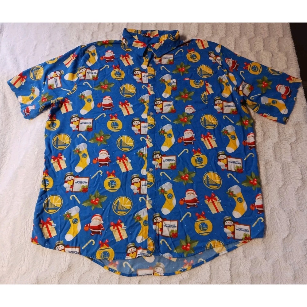 Golden State Warriors Christmas Button Up Hawaiian Shirt Men's Size 2XL Blue NBA